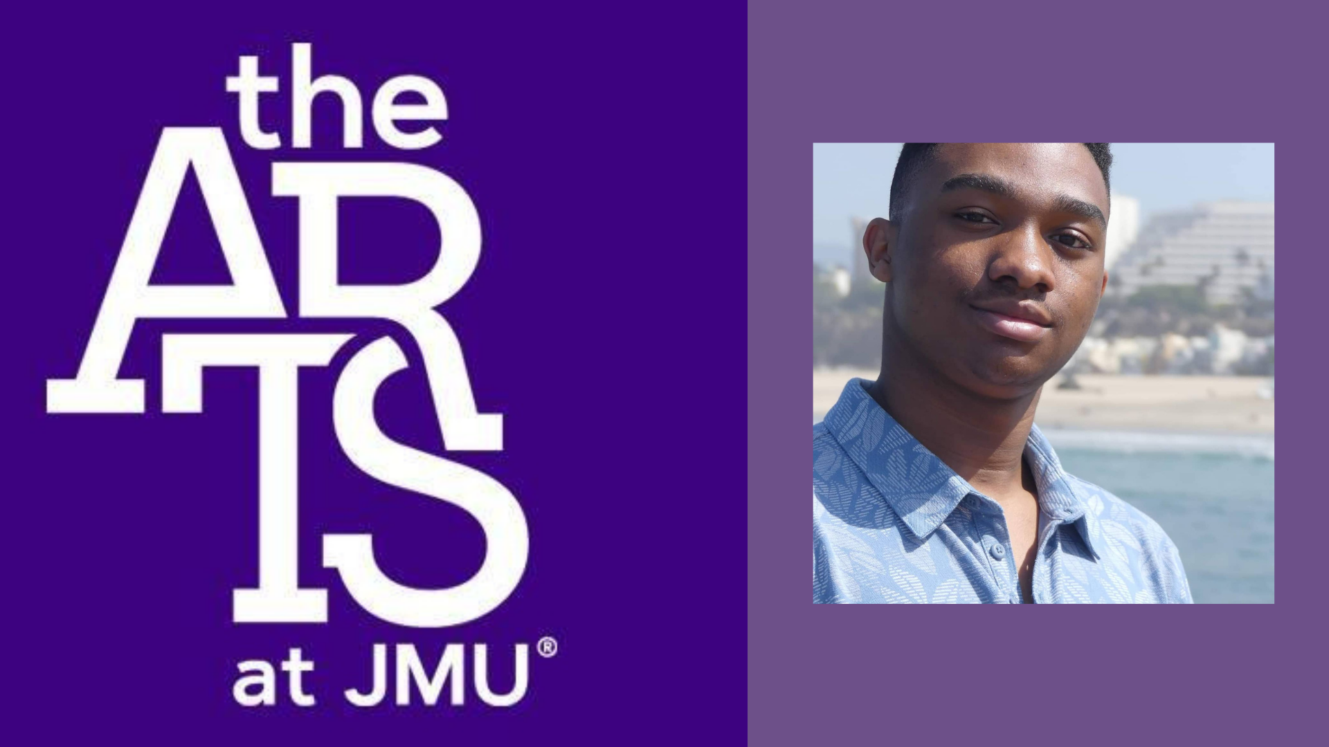 Student Testimonial: James Madison University - College of Visual and Performing Arts The logo of James Madison University is positioned next to the student who is speaking in the testimonial.