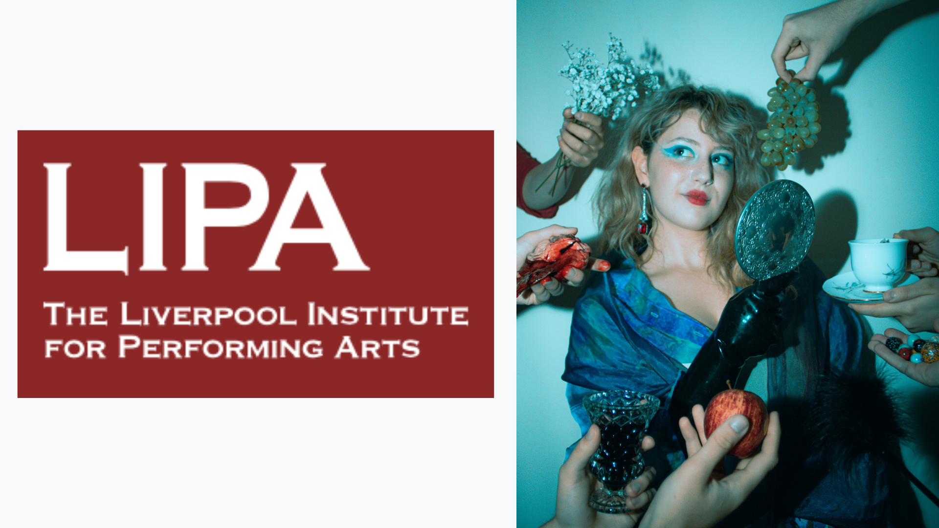Student Testimonial: The Liverpool Institute for Performing Arts (LIPA) A photo of the featured student surrounded by arts items sits to the right of a logo for the institute