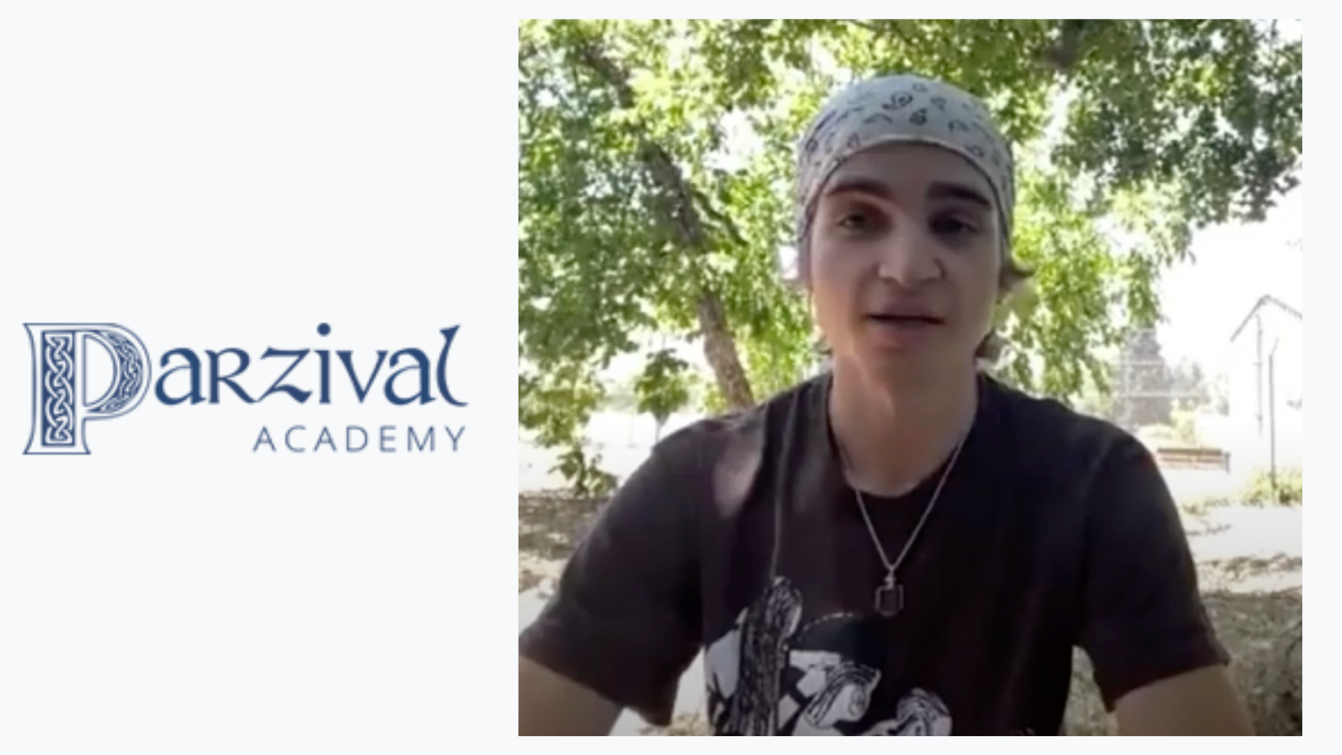 Student Testimonial: Parzival Academy The Parzival Academy logo and a photo of the male student who gave the testimonial sit side by side